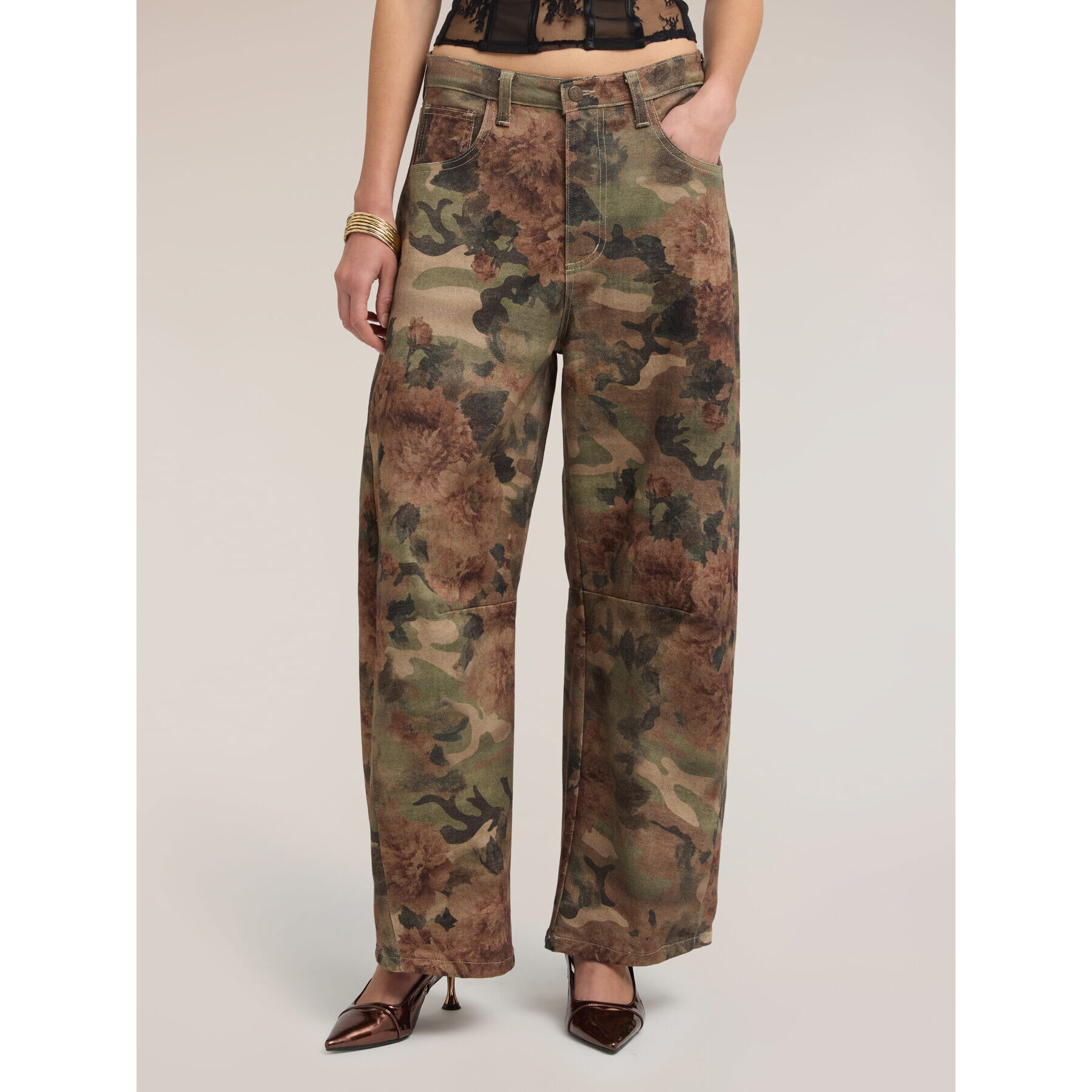 Motivi - Pantaloni barrel fit fantasia floreale - Verde militare