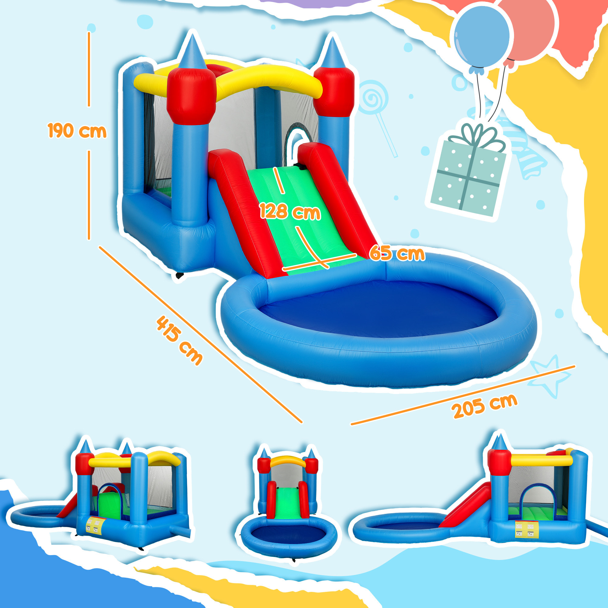 Castillo Hinchable con Soplador 4 en 1 Castillo Inflable para Niños con Tobogán Foso de Bolas Canasta y Bolsa de Transporte para Exterior Interior 415x205x190 cm