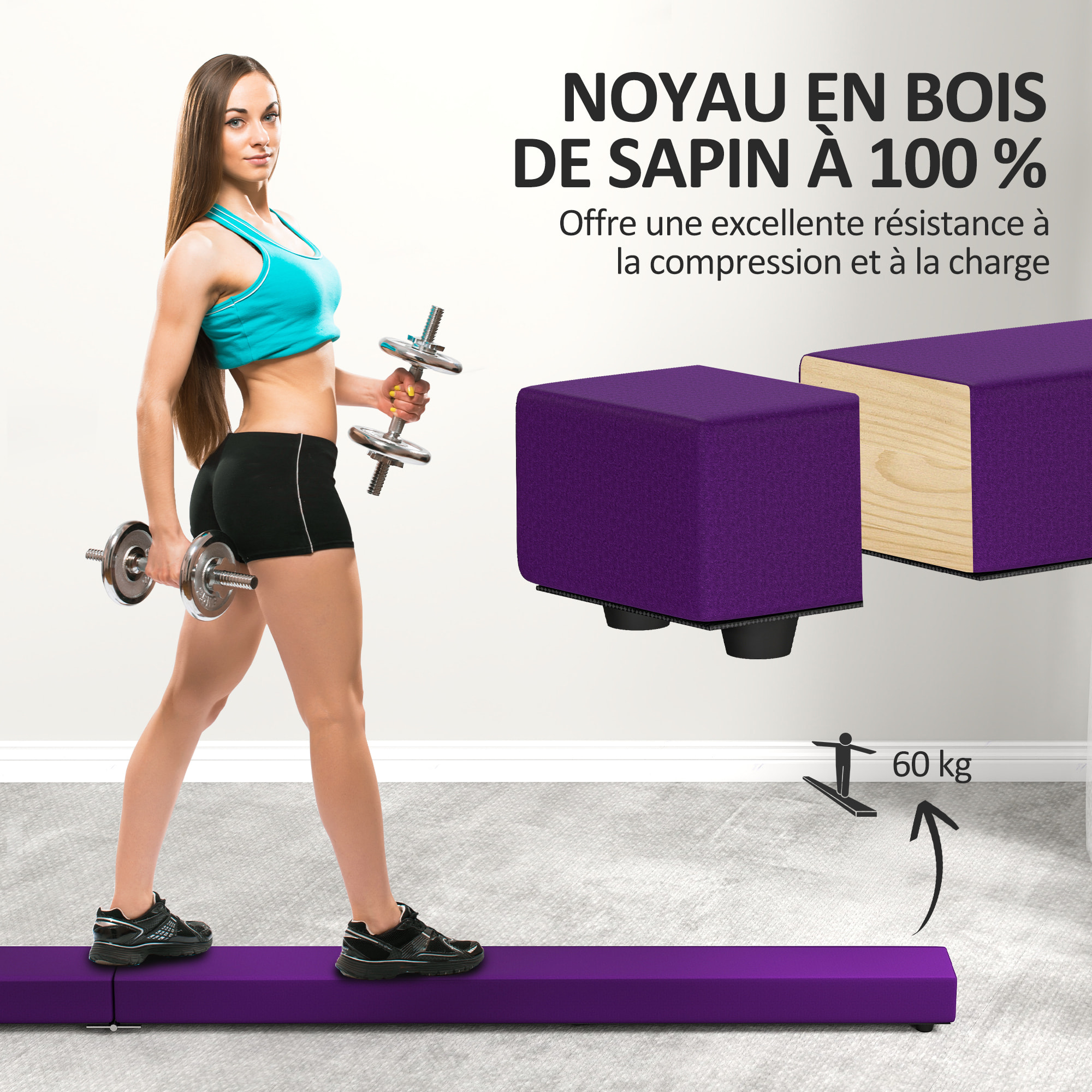 Poutre gymnastique pliable 210 cm - poutre d'équilibre antidérapante - bois de pin revêtement flanelle violet