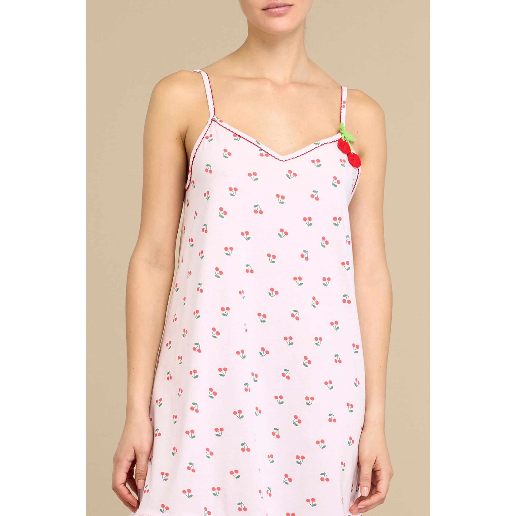 Camicia da notte donna in cotone con bretelline e scollo a V, decorata con stampa ciliegie articolo summer and fruits Noidinotte