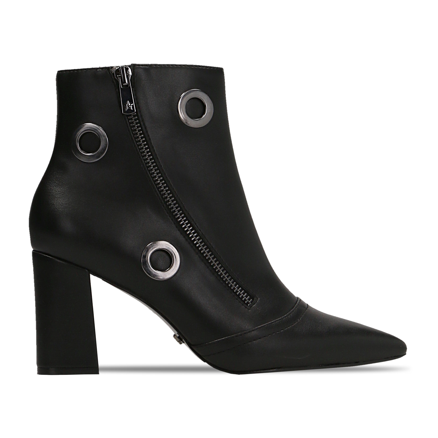 Botines negros con ojo de buey metálico y cremallera, tacón de 7 cm