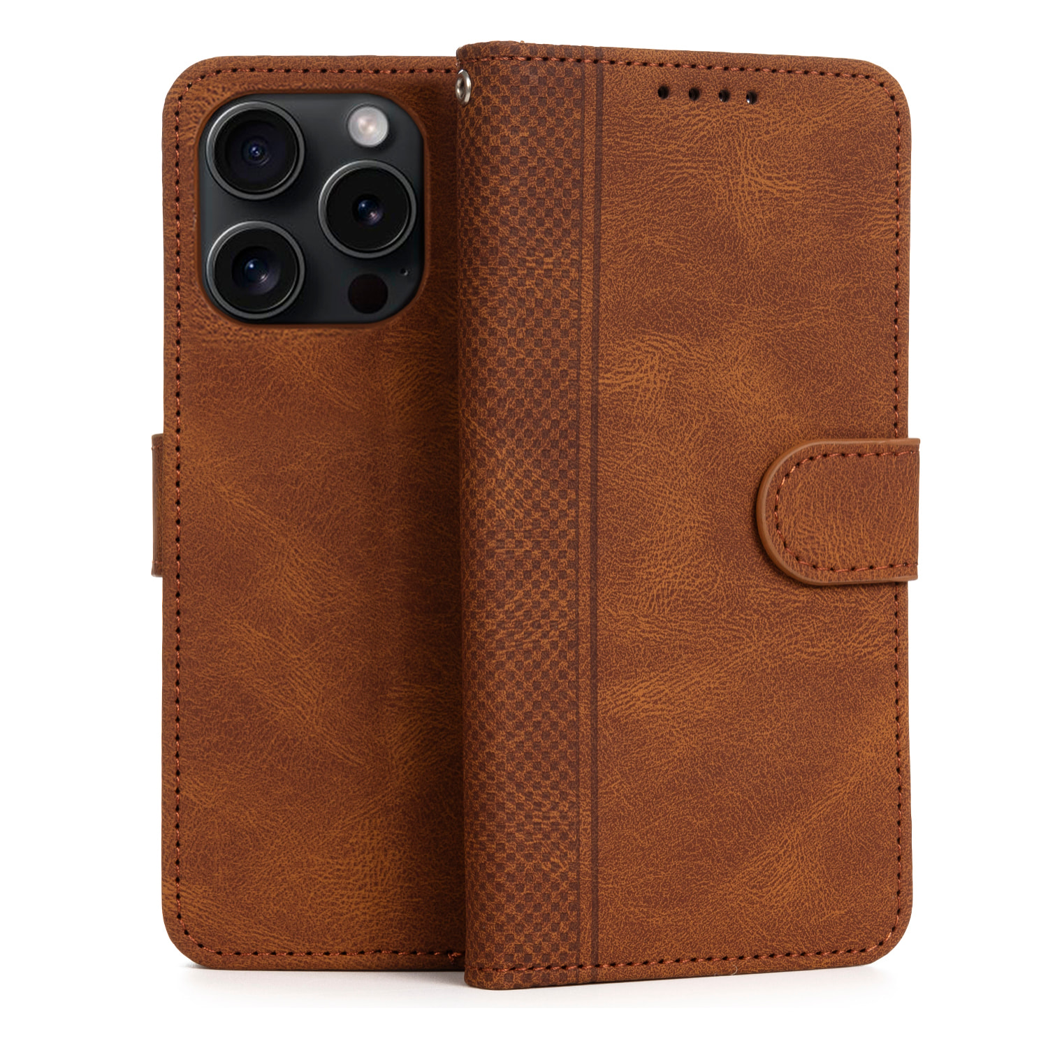 DAM Funda antigolpes tipo libro simil piel para iPhone 14 Pro. Tarjetero interior, muñequera extraíble. 7,9x1,67x15,46 Cm. Color: Cuero