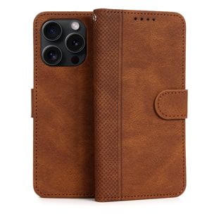 DAM Funda antigolpes tipo libro simil piel para iPhone 14 Pro. Tarjetero interior, muñequera extraíble. 7,9x1,67x15,46 Cm. Color: Cuero