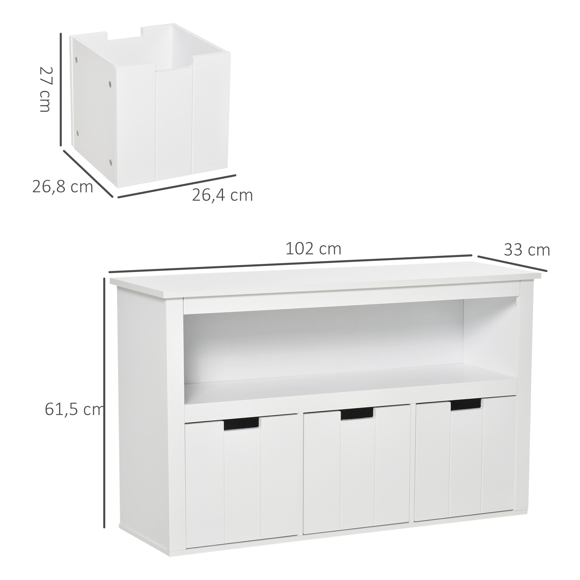 HOMCOM Aparador de Salón con 3 Cajones Extraíbles y Estantes Abiertos para Libros Juguetes Armario Auxiliar de Almacenamiento para Dormitorio Cocina 102x33x61,5 cm Blanco