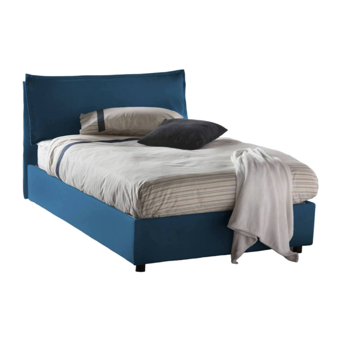 Letto piazza e mezza Attinia, Letto contenitore con rivestimento in tessuto, 100% Made in Italy, Apertura frontale, con materasso Cm 120x190 incluso, Blu