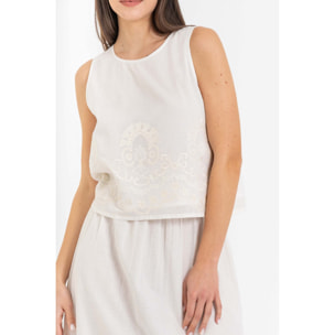 Kocca - Blusa in puro cotone senza maniche con ricamo floreale Donna