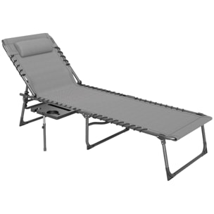 Tumbona Plegable, Tumbona Jardín Exterior con Respaldo Ajustable, Reposacabezas, Bolsillo Lateral, Bandeja y Estructura de Acero, Carga 120 kg para Terraza Piscina Playa, 190x60x31 cm, Gris