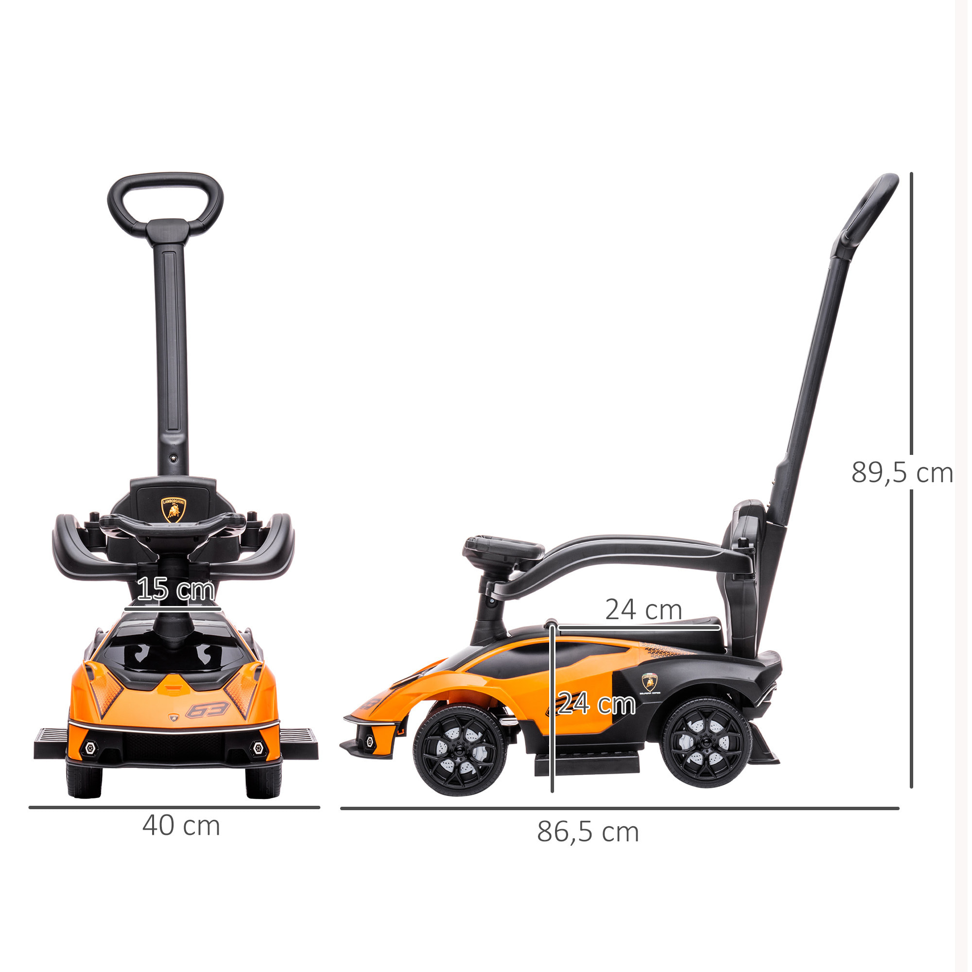 2 en 1 Coche Correpasillos para Niños 12-36 Meses Lamborghini Essenza SCV12 Andador Empujador con Bocina Mango de Empuje y Barandilla Extraíbles 86,5x40x89,5 cm Naranja y Negro