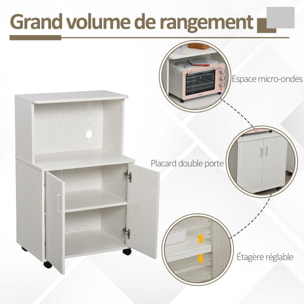 Chariot desserte micro-ondes placard 2 portes - dim. 60,4L x 40,3l x 97H cm - blanc