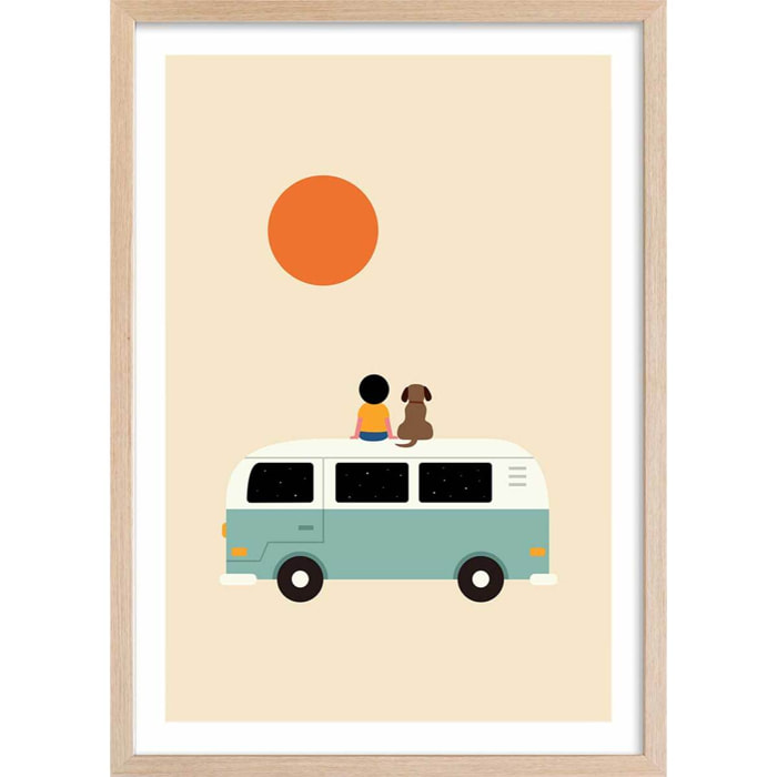 Affiche enfant sur le van  Affiche + cadre en bois - Chêne