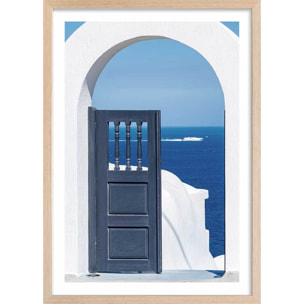 Poster porte bleue oia Affiche + cadre en bois - Chêne