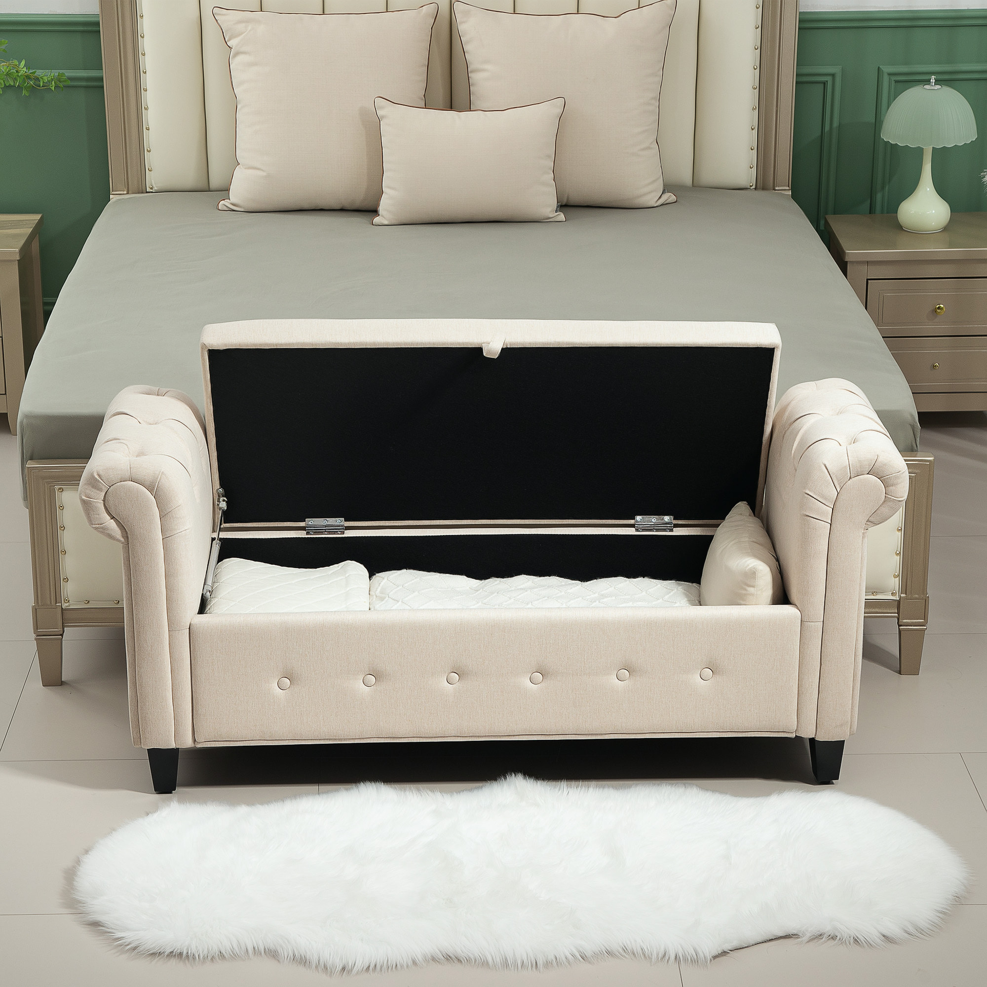 Banco de Almacenamiento Taburete de Almacenaje de Lino con Tapa de Bisagras Patas de Madera y Reposabrazos Enrollados para Dormitorio Salón Pasillo Carga 150 kg 146,5x49x74,5 cm Beige