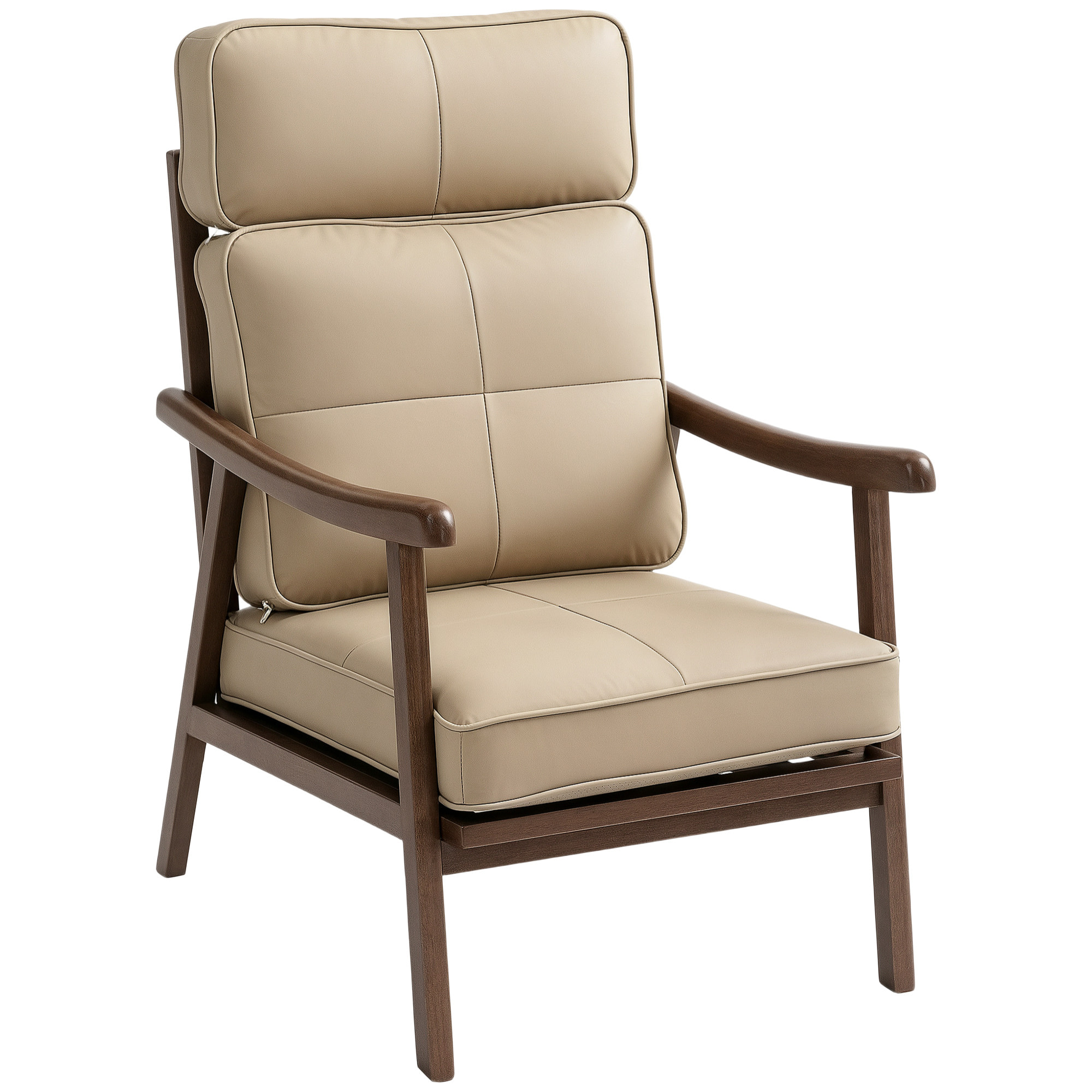 Butaca de Salón Sillón de Salón Tapizado en PU con Marco de Madera Cojines Acolchados Gruesos Respaldo Alto Carga 150 kg Sillón Lectura para Sala de Estar Dormitorio Caqui y Madera Nogal