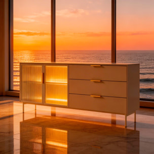 Credenza Madia Con Vetrina Moderna Con Ripiani Interni In Truciolare Melaminico Ideale Per Soggiorno Sala Da Pranzo  181.3 x 39.3 x 82.6 Cm Cashmere