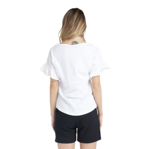 Camiseta de mujer brillante de manga corta con volantes