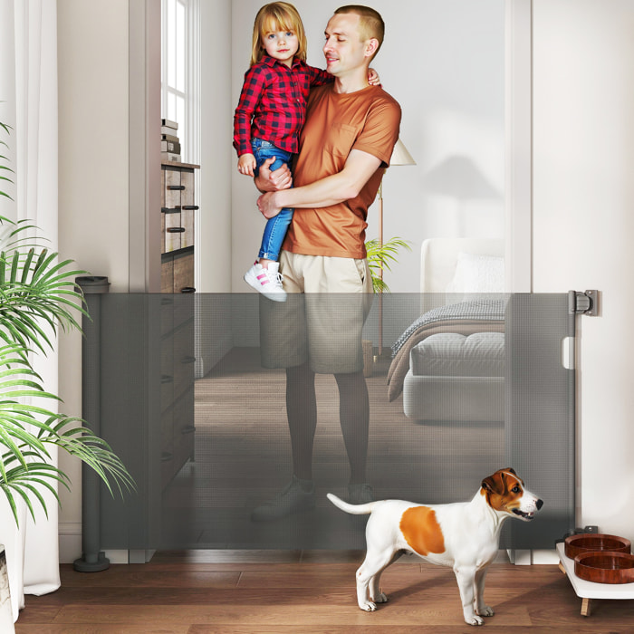 Barrera de Seguridad para Perros Retráctil 0-136 cm Puerta para Perros Pequeños Extensible con Interruptor de Cierre Red de Seguridad para Pasillos Escaleras Interiores y Exteriores