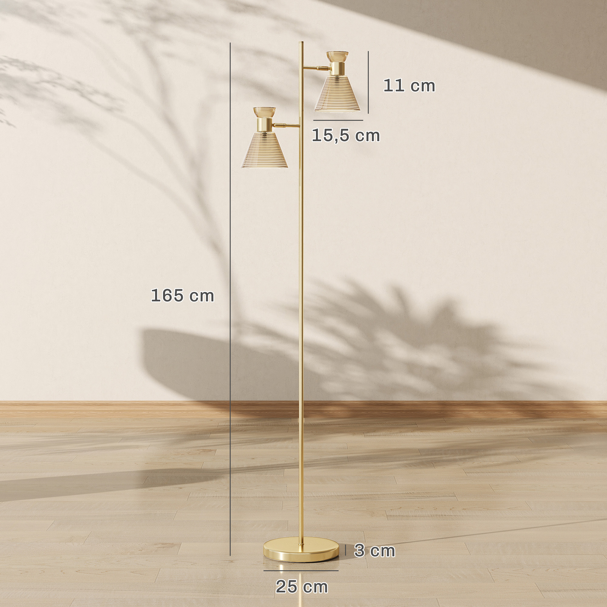 Lampadaire sur pied design H.165cm double tête réglable verre conique métal doré