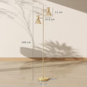 Lampadaire sur pied design H.165cm double tête réglable verre conique métal doré