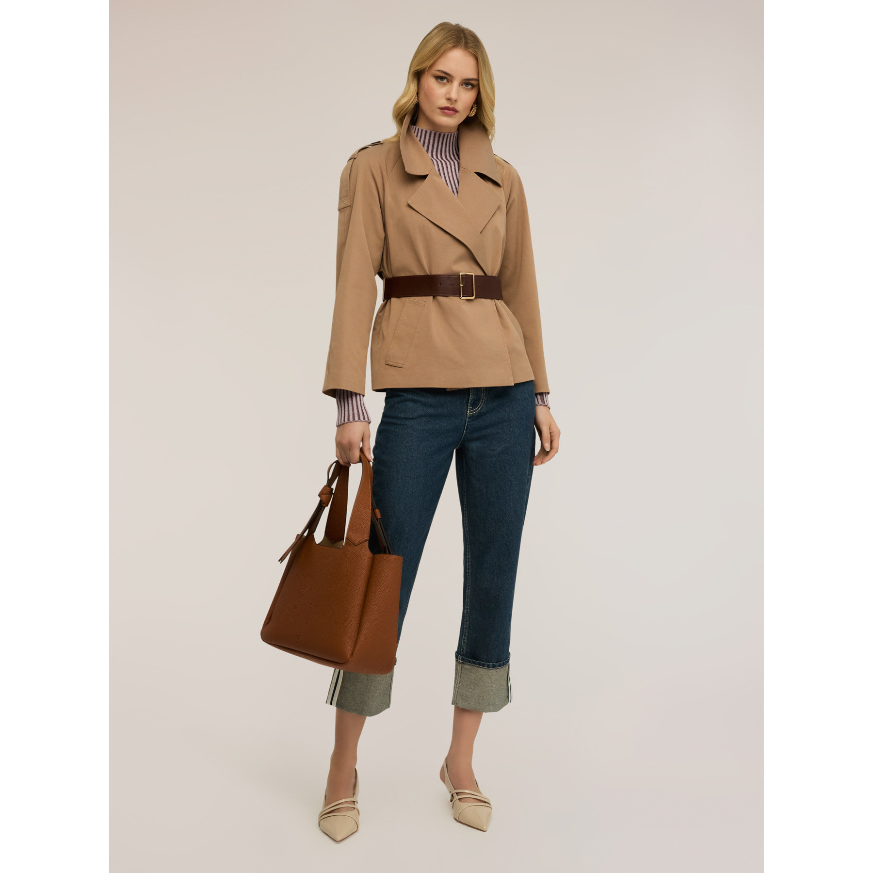 Motivi - Trench corto misto lyocell con cintura - Beige