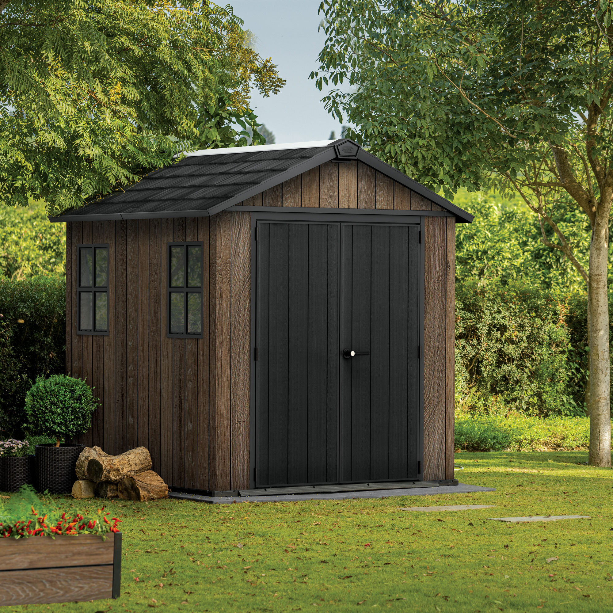 Apex 757/775 - Casetta da Giardino 223,8x246x230 cm 2 Ante per deposito attrezzi finitura effetto legno Evotech+ in Resina Marrone e Nero