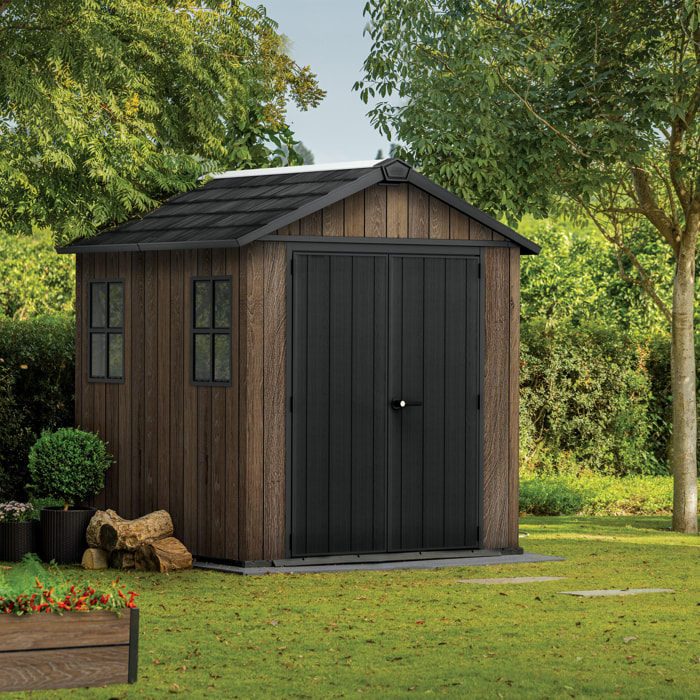Apex 757/775 - Casetta da Giardino 223,8x246x230 cm 2 Ante per deposito attrezzi finitura effetto legno Evotech+ in Resina Marrone e Nero