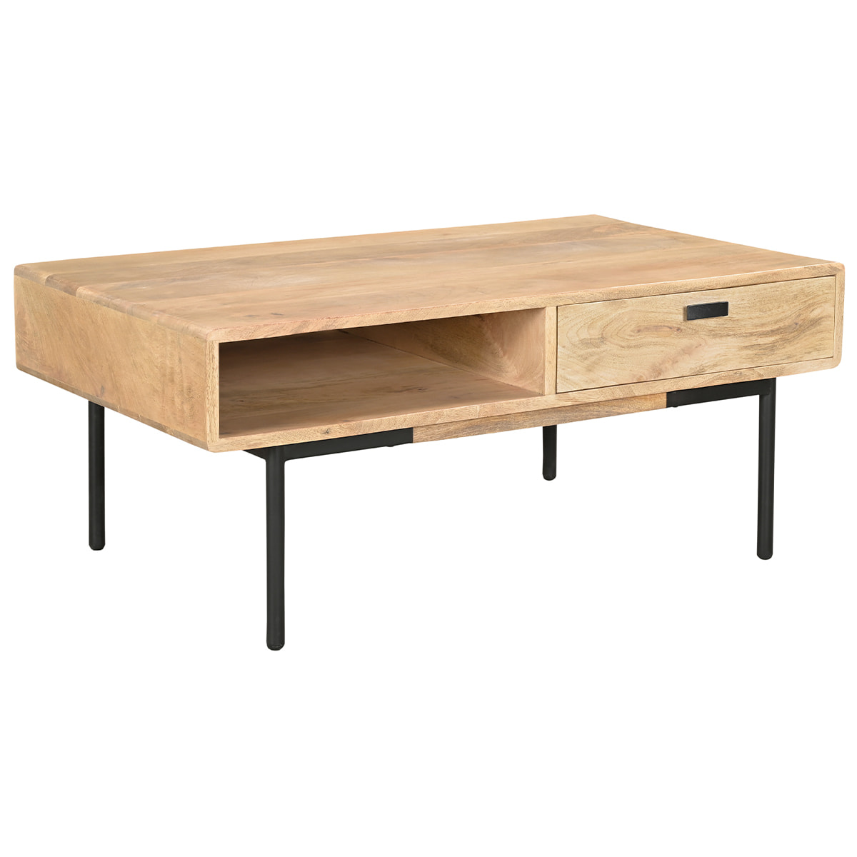 Table basse rectangulaire avec rangements 2 tiroirs en bois manguier massif et métal noir L100 cm JUDE