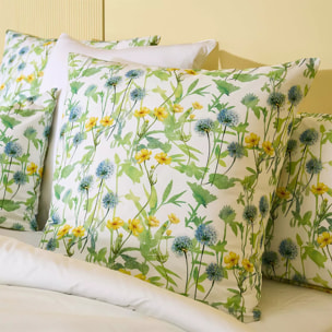 Lot h.couette +taies percale de coton imprimé jaune vert Aube florale prairie