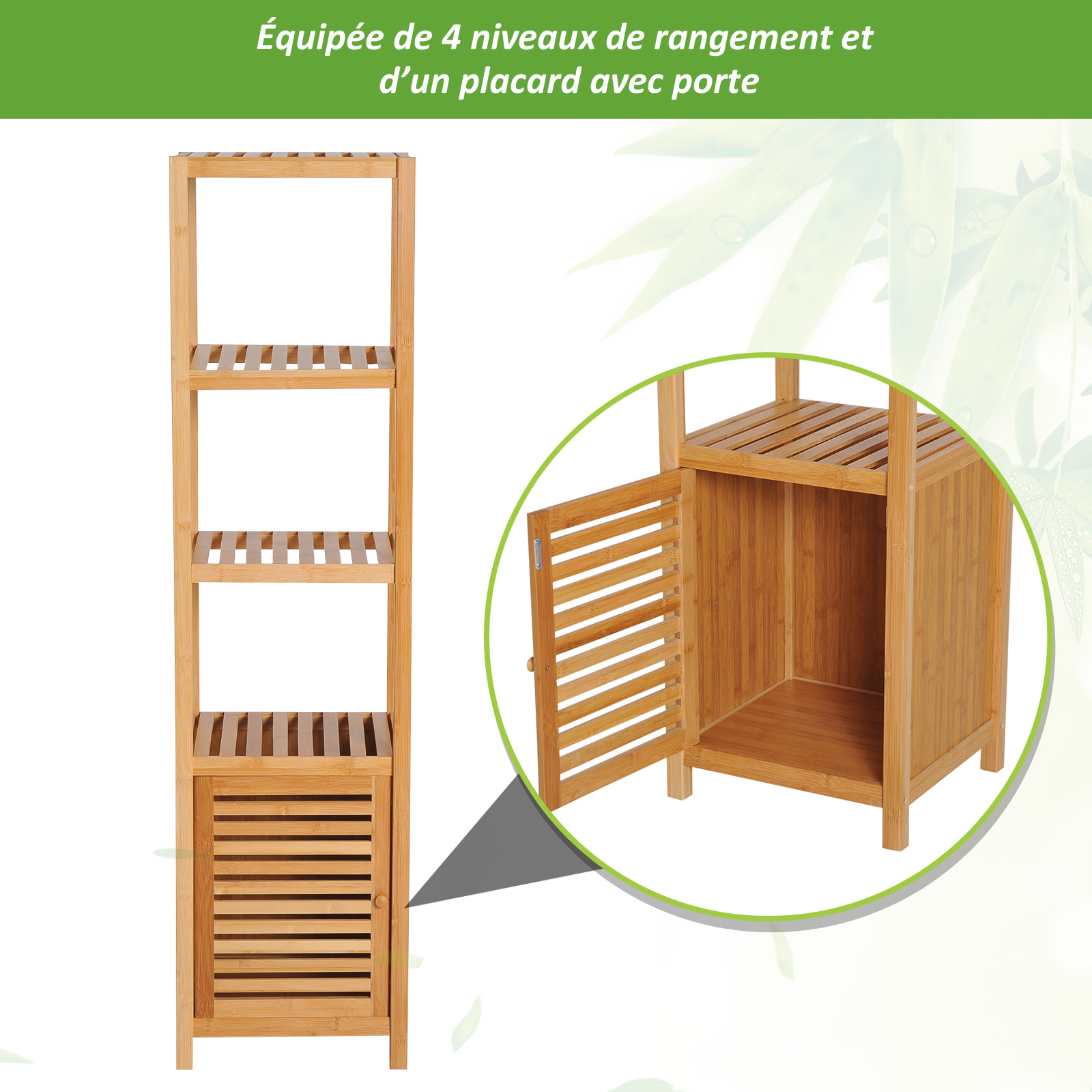 Meuble colonne rangement salle de bain bambou design naturel 36L x 33l x 140H cm 2 étagères 4 niveaux + placard