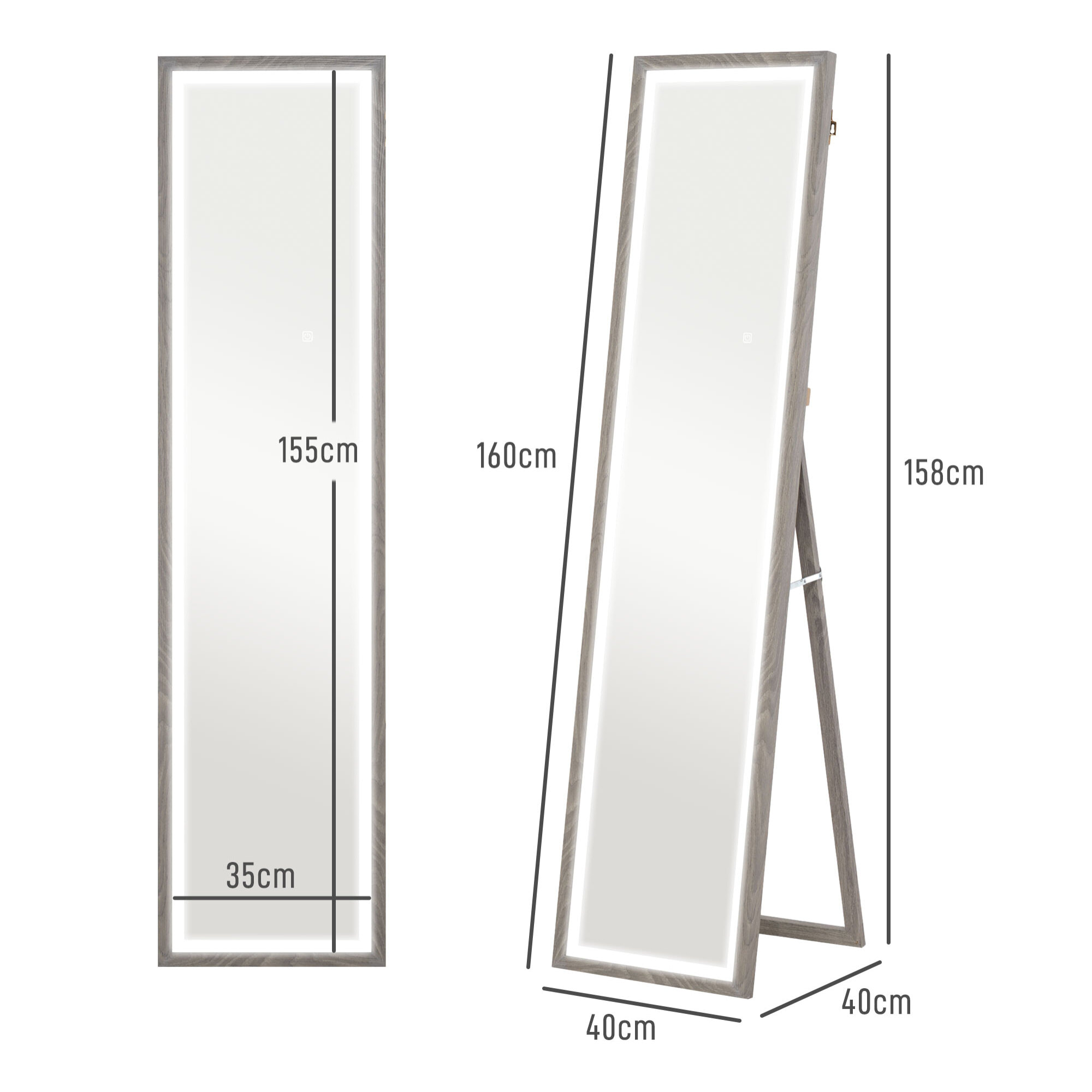 Grand miroir LED pleine longueur 40 x 160 cm autoportant ou à fixer - 3 couleurs luminosité réglable - effet bois gris