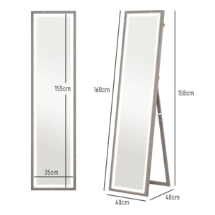 Grand miroir LED pleine longueur 40 x 160 cm autoportant ou à fixer - 3 couleurs luminosité réglable - effet bois gris