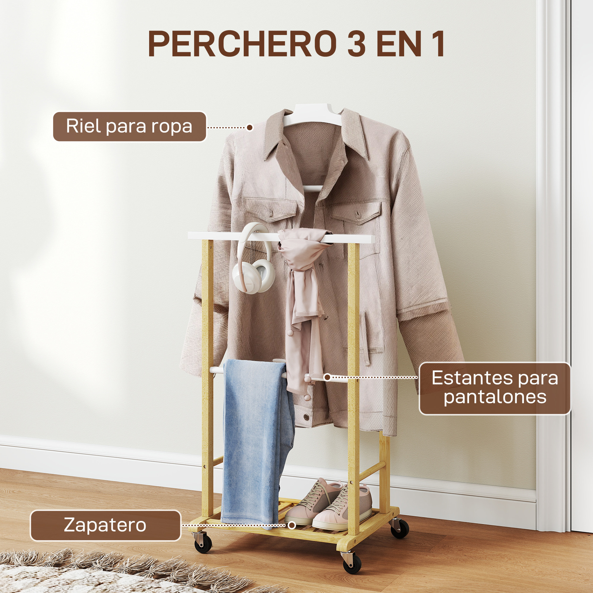 Galán de Noche de Bambú con Ruedas, Perchero Burro de Ropa con Barras para Pantalones y Balda Inferior para Zapatos, Estilo Nórdico, para Dormitotio, 47x33,7x105,5 cm, Natural y Blanco