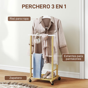 Galán de Noche de Bambú con Ruedas, Perchero Burro de Ropa con Barras para Pantalones y Balda Inferior para Zapatos, Estilo Nórdico, para Dormitotio, 47x33,7x105,5 cm, Natural y Blanco