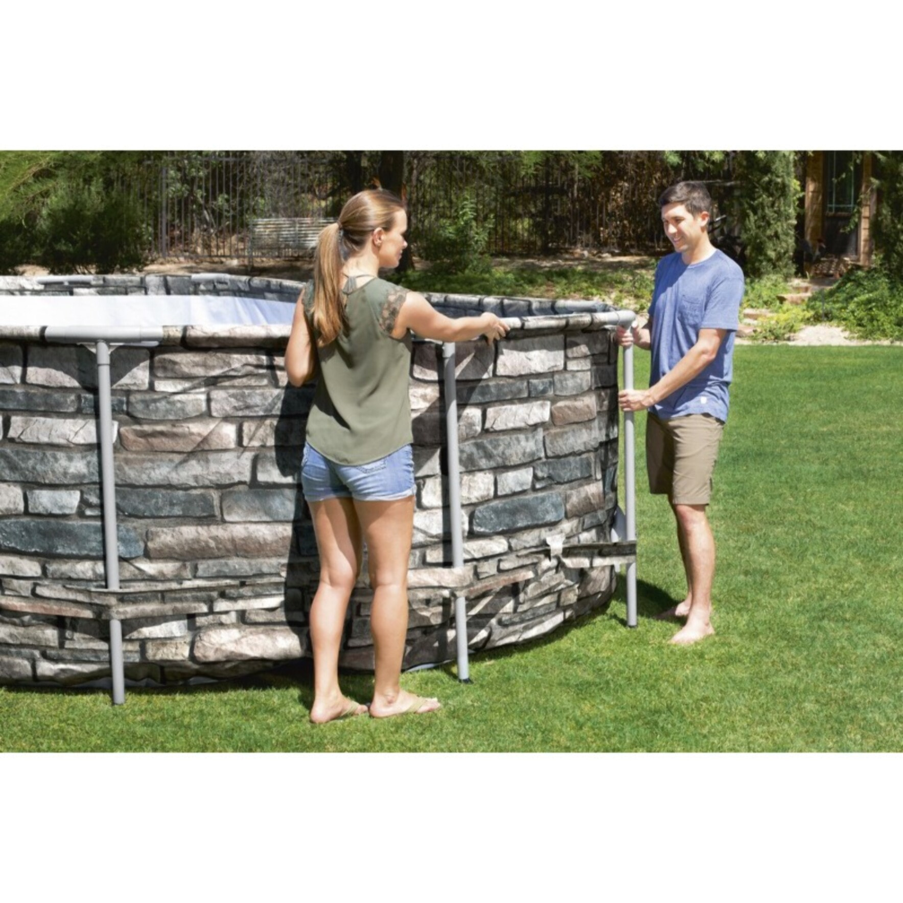 Bestway Piscine hors sol tubulaire ovale Bestway Power Steel Comfort Jet 610 x 366 x 122 cm décor pierres