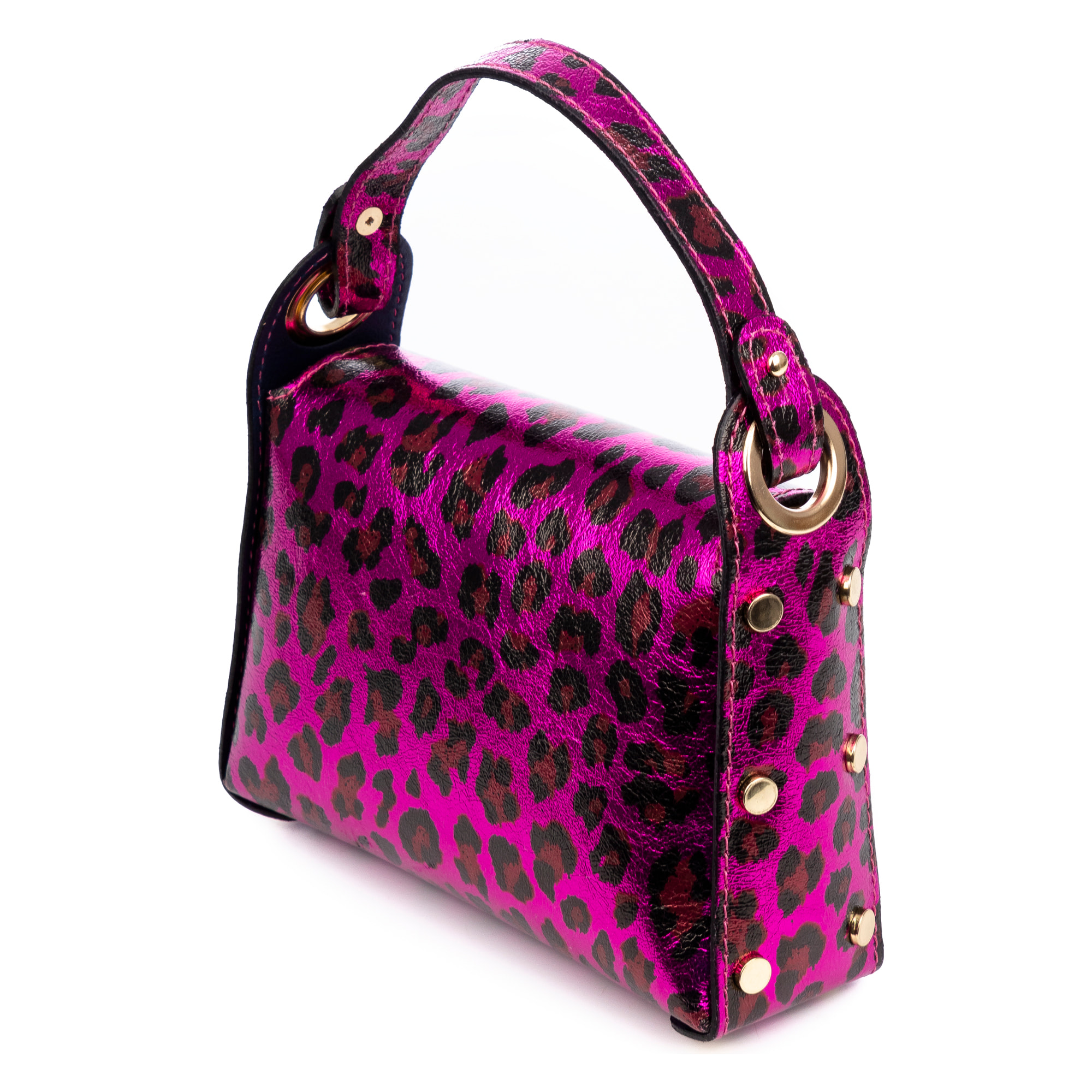 Aquileia bolso de mano mujer. Piel auténtica Gamuza con estampado animal print leopardo lacada brillante.
