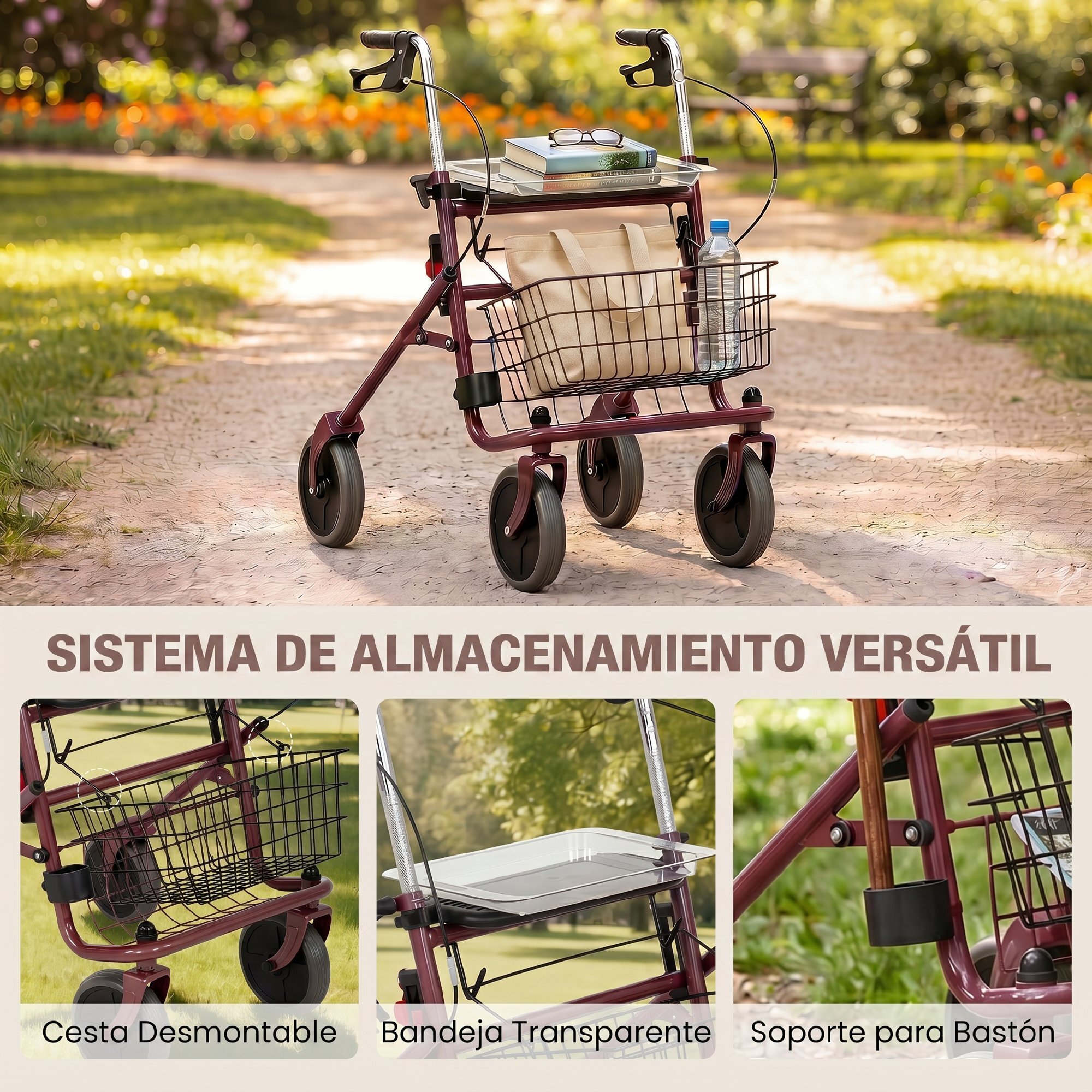 Andador para Ancianos Plegable, Andadores Adultos para Personas Mayores con Asiento y 4 Ruedas Altura Ajustable Frenos de Maneta Cesta Bandeja y Porta Bastón Rojo Vino