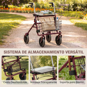 Andador para Ancianos Plegable, Andadores Adultos para Personas Mayores con Asiento y 4 Ruedas Altura Ajustable Frenos de Maneta Cesta Bandeja y Porta Bastón Rojo Vino