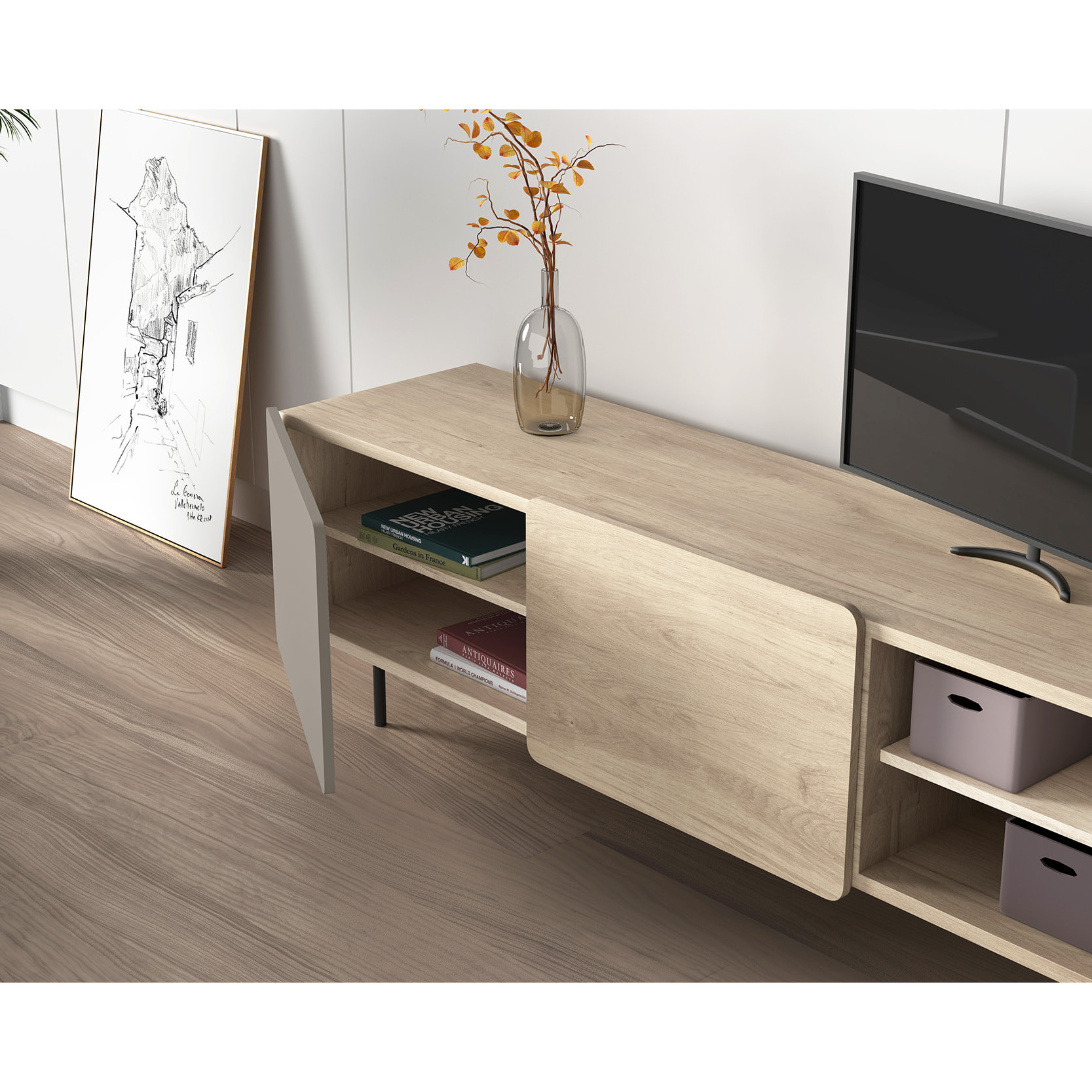 Bajo tv Biscuit roble claro y arena 54x180x44 cm