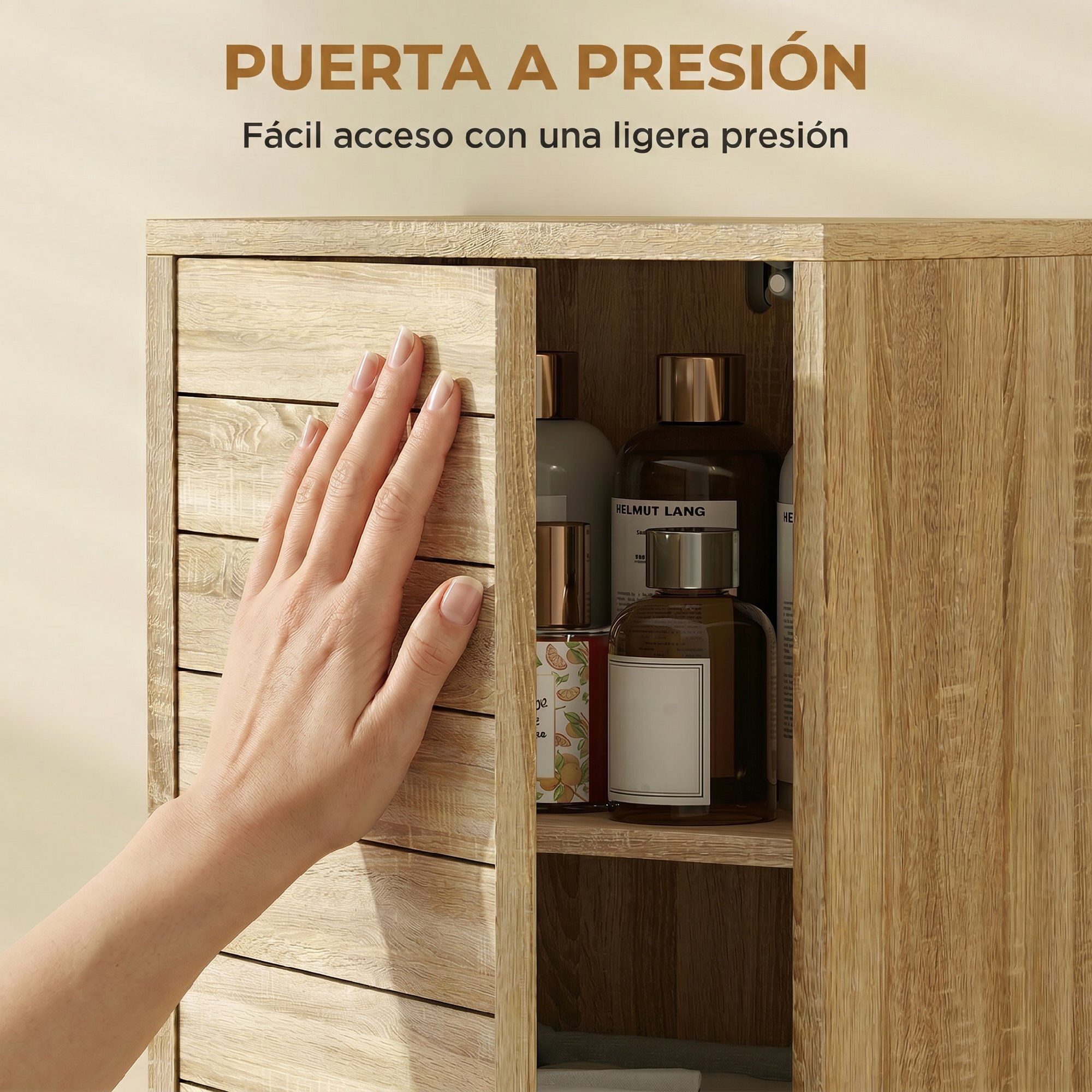 Armario de Baño Estrecho, Mueble Auxiliar de Baño con Puerta de Listones, 3 Estantes y Estante Ajustable, Apertura por Presión, Ahorro Espacio, 34x23x84 cm, Natural