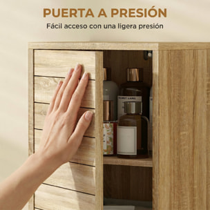 Armario de Baño Estrecho, Mueble Auxiliar de Baño con Puerta de Listones, 3 Estantes y Estante Ajustable, Apertura por Presión, Ahorro Espacio, 34x23x84 cm, Natural