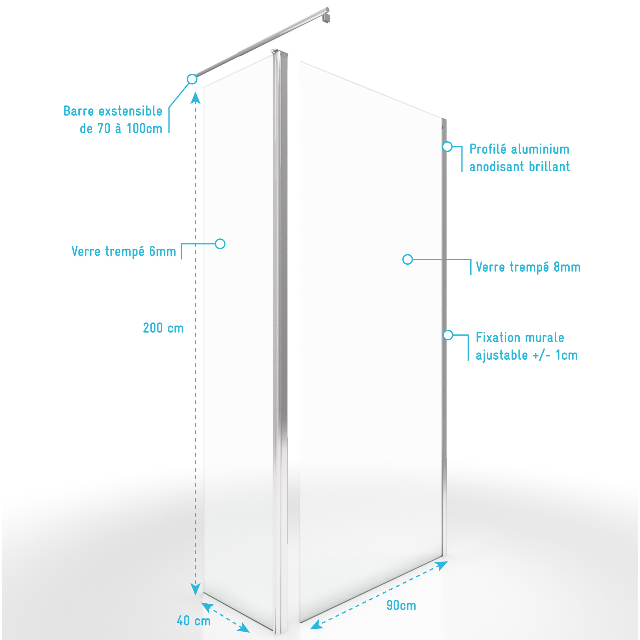 Paroi de Douche et Volet Pivotant 90+40x200 cm - Verre Transparent - Barre de Fixation Chrome