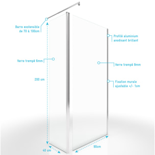 Paroi de Douche et Volet Pivotant 90+40x200 cm - Verre Transparent - Barre de Fixation Chrome