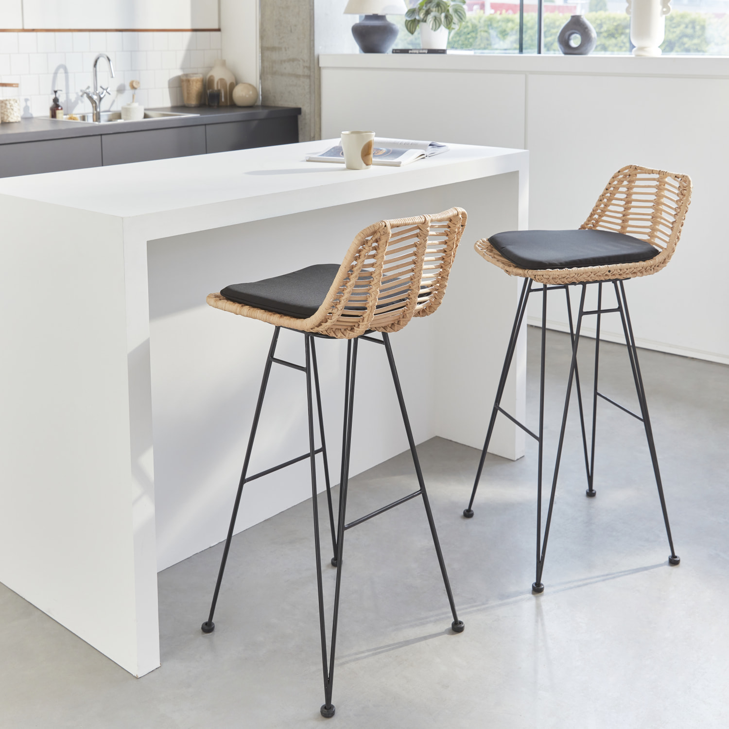 Tabouret de bar métal et rotin 75cm (lot de 2) CAHYA