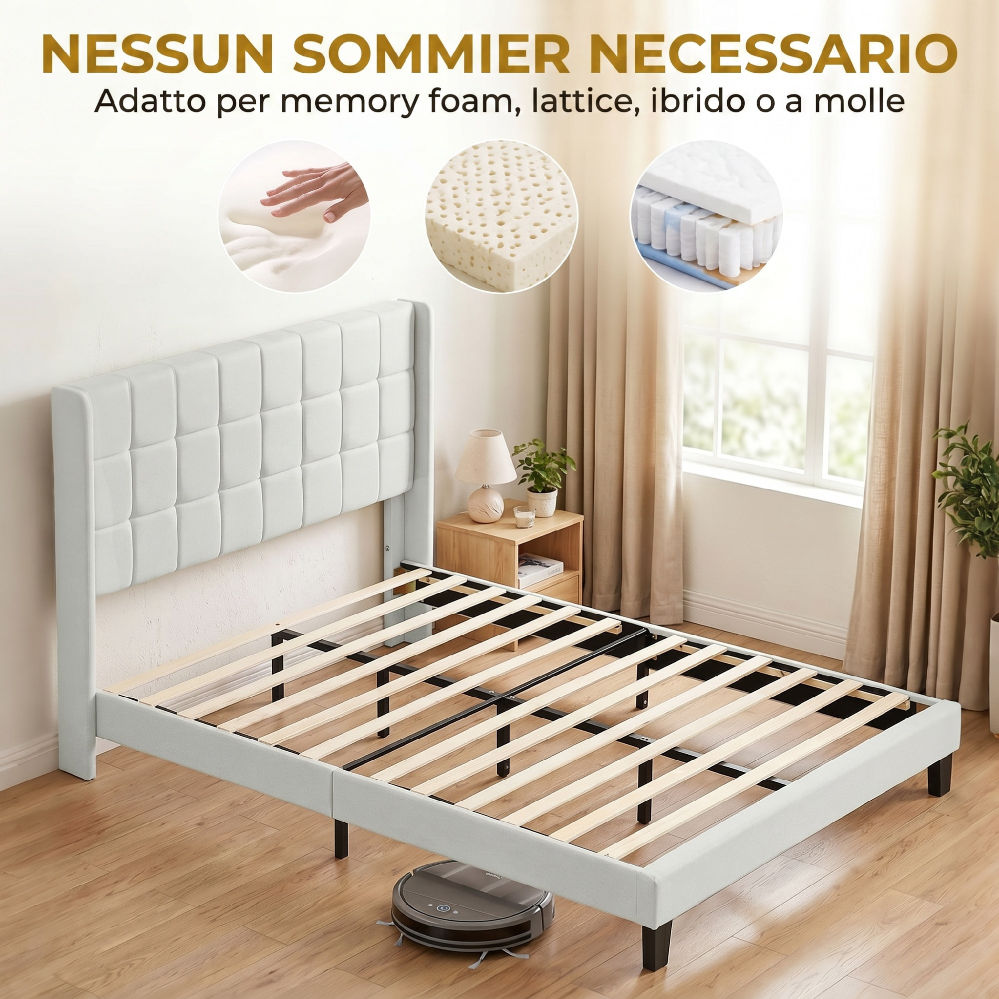 Cama Tapizada 135x190 cm con Cabecero Acolchado con Orejas y Almacenaje Inferior, Marco de Cama Doble con Somier de Lamas de Madera, Diseño Moderno, Fácil Montaje, Beige