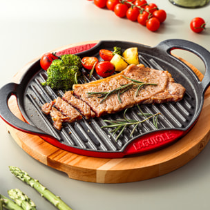 Grill rond en fonte rouge  avec support en bois