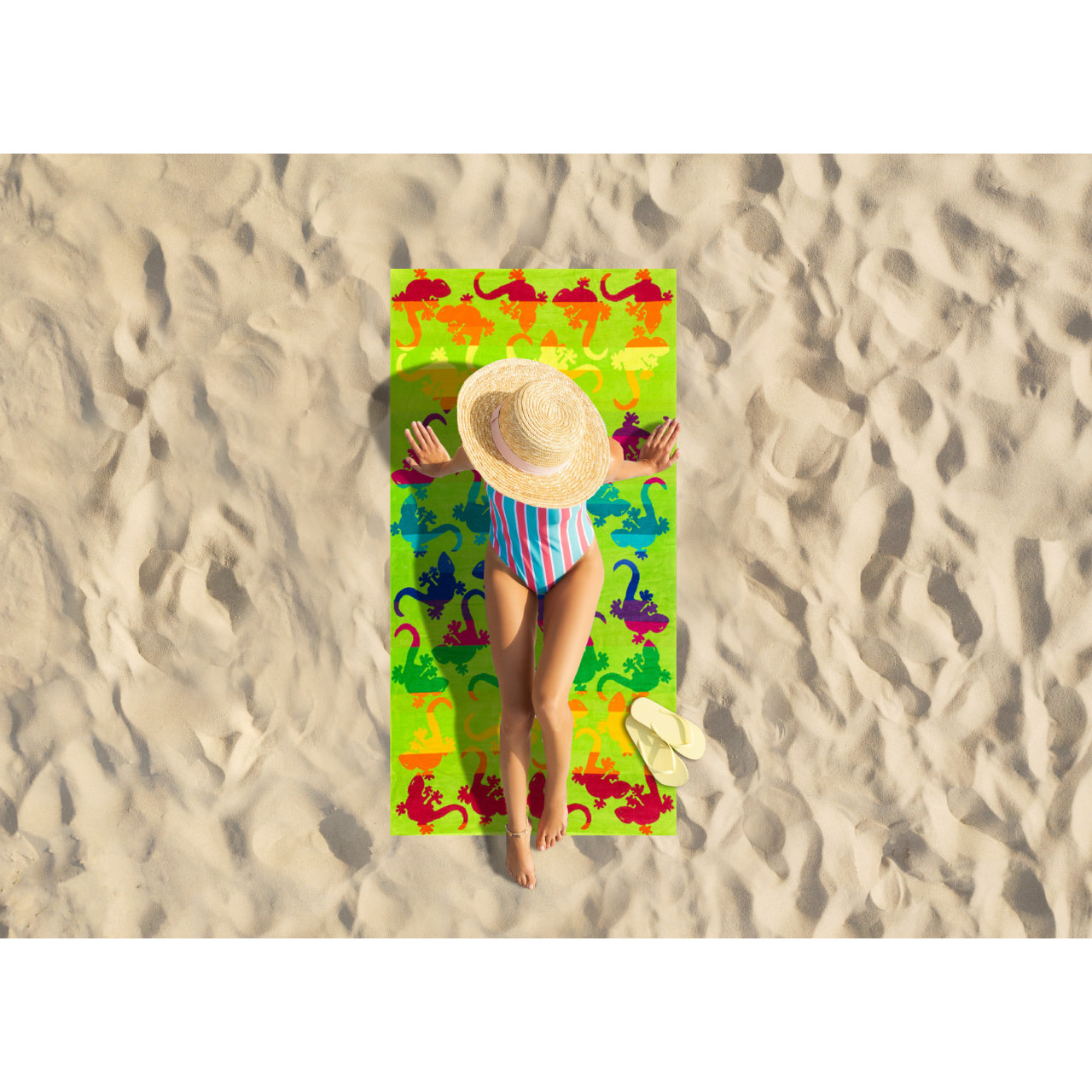 Telo Mare Spugna Jacquard Spiaggia Disegno Fantasy Geko