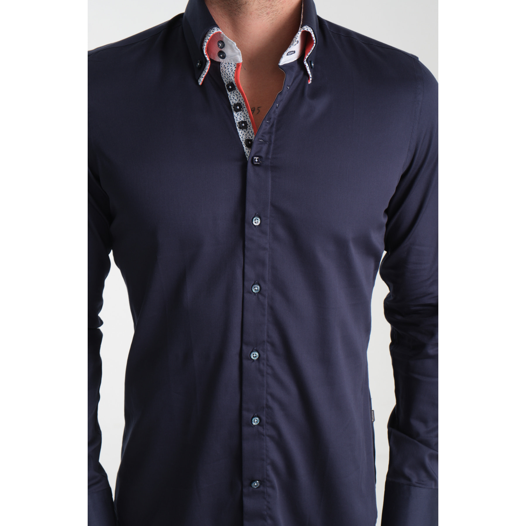 Camicia Uomo 2 Bottoni Button Down 7bottoni Doppio Coll Satin Unito Blu