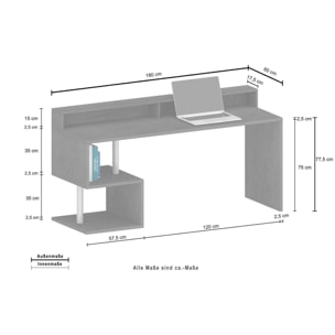 Scrivania Dcalebokol, Scrittoio lineare con ripiani portaoggetti e luci LED, Scrivania ufficio multiuso con sopralzo, 180x92,5h60 cm, Ardesia