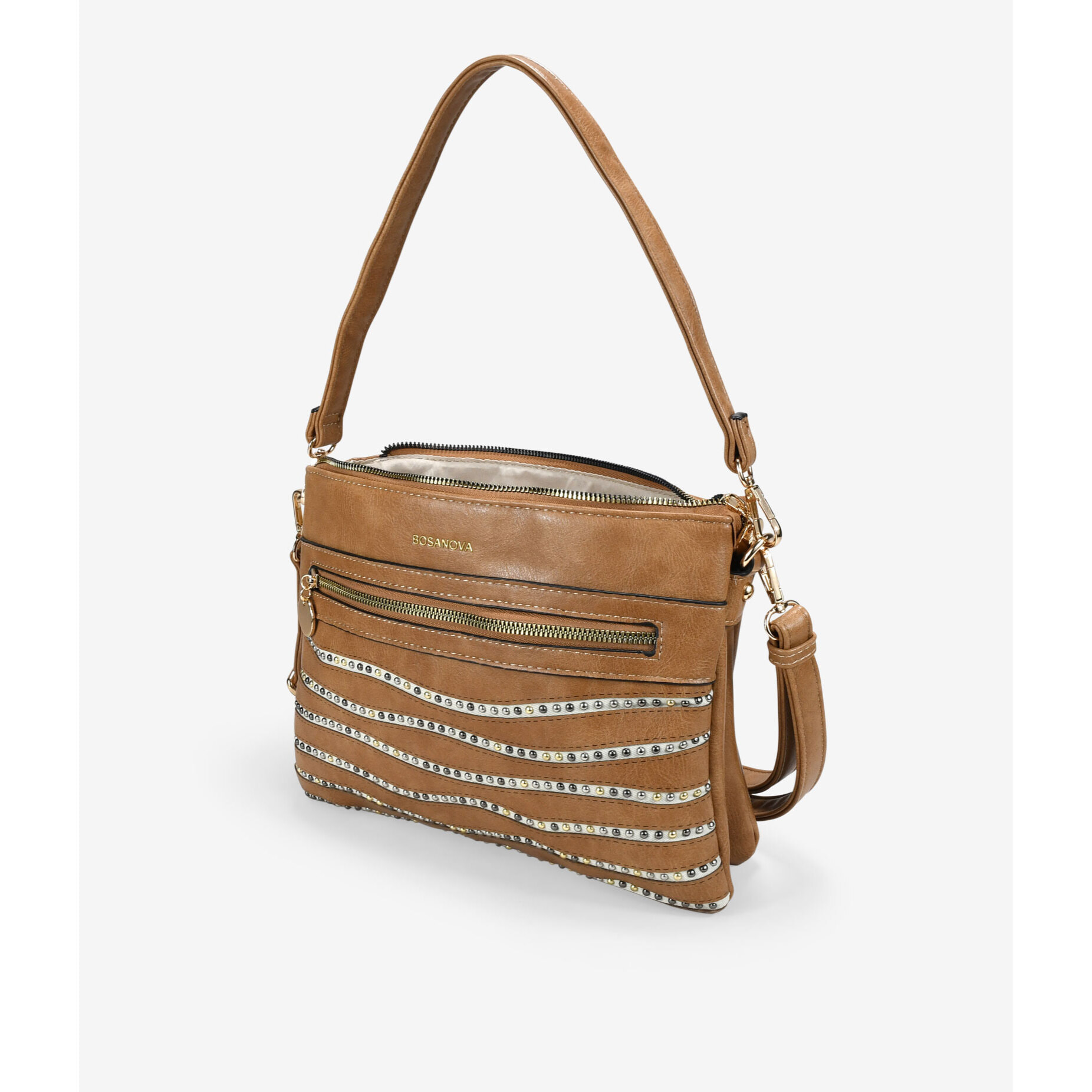 Bolso de hombro tostado con cremallera y tachas