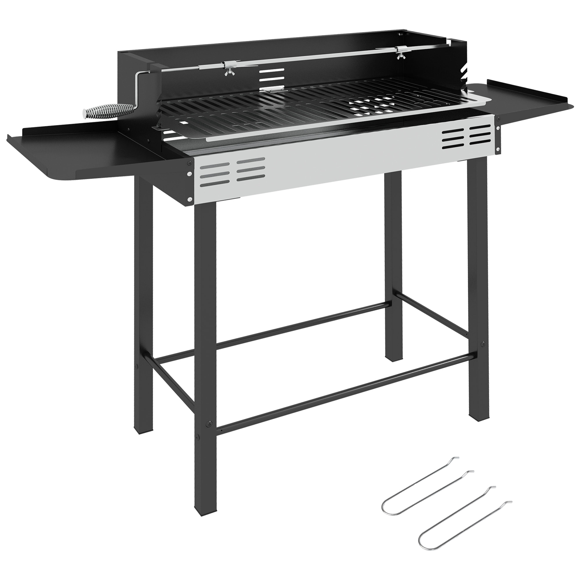 Barbacoa de Carbón Barbacoa Portátil 118x32x90 cm con Pincho Giratorio Ajustable en Altura de 3 Niveles Parrilla Plegables y Paravientos para Pícnic Camping Negro