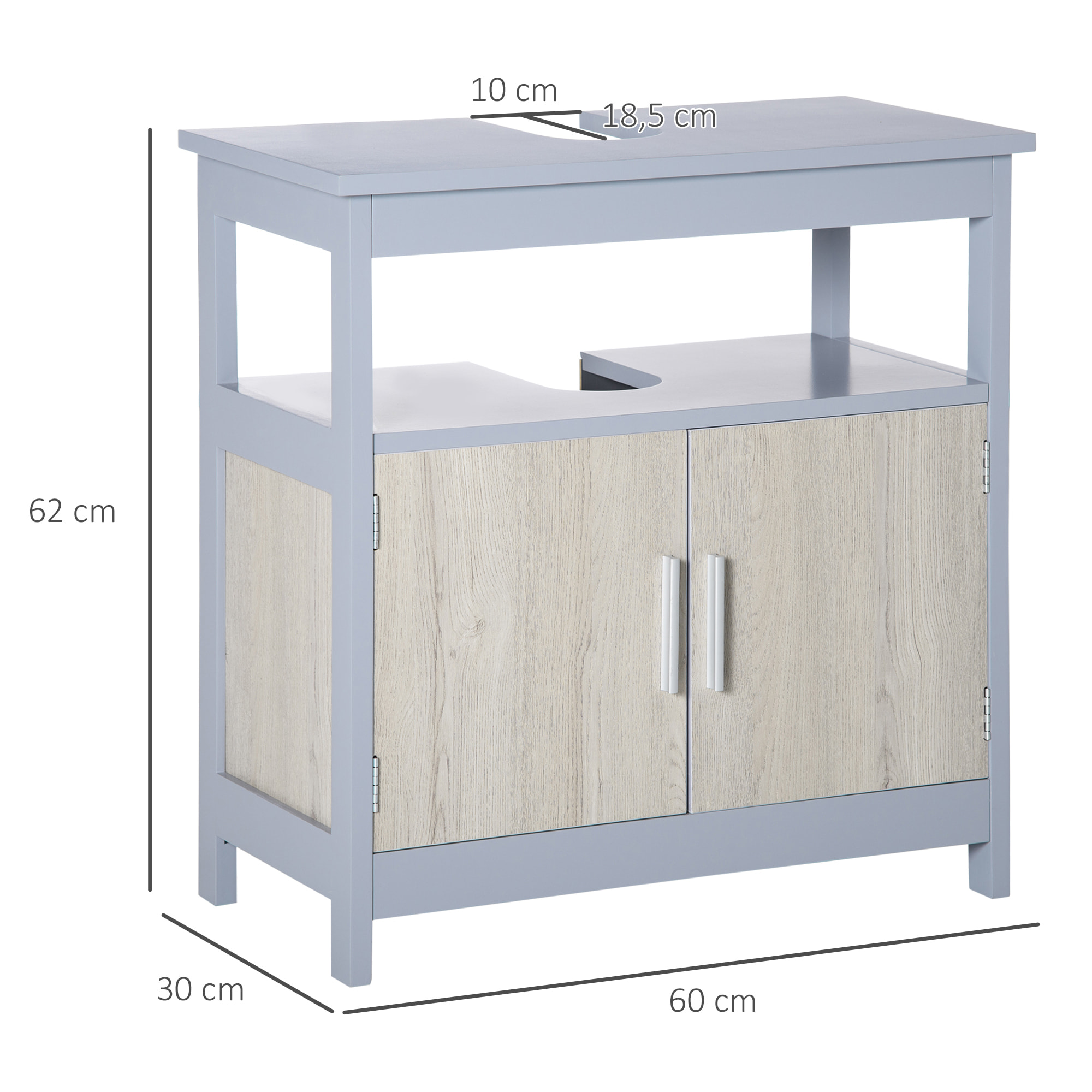 Mueble para Debajo del Lavabo Armario de Suelo de Baño con 2 Puertas y Estante de Almacenaje Carga 15 kg Estilo Moderno Antivuelco 60x30x62 cm Gris